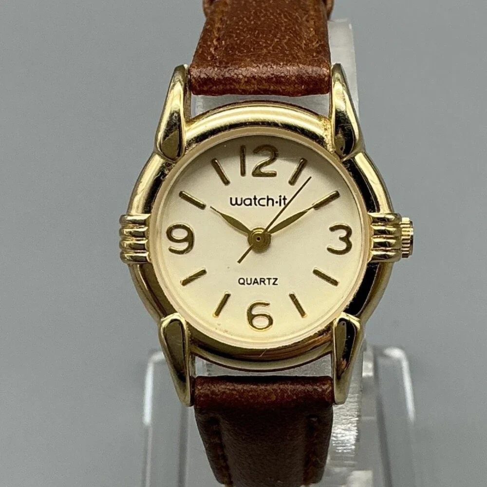 Watch-it! Womens Watch 24mm Cream Dial Gold Tone Brown Leather New Battery